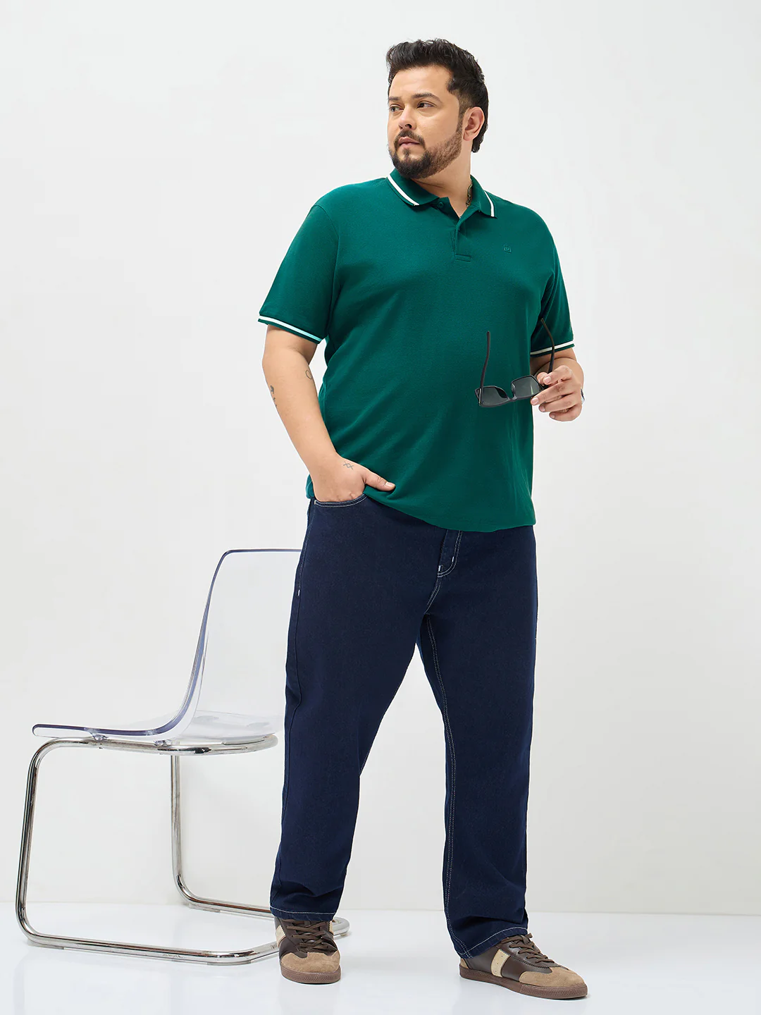 Plus Men's Teal Green Solid Regular Fit Half Sleeve Cotton Polo T-Shirt - Image 4