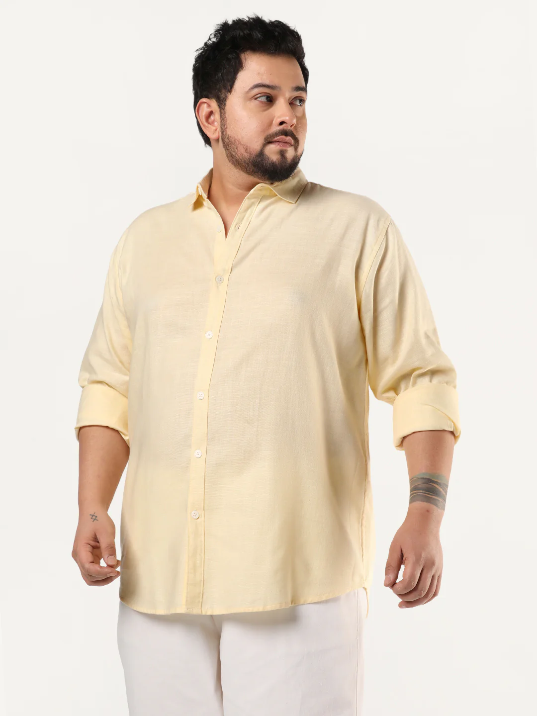Plus Men's Tender Yellow Linen Blend Full Sleeve Relaxed Fit Casual Solid Shirt - Image 3
