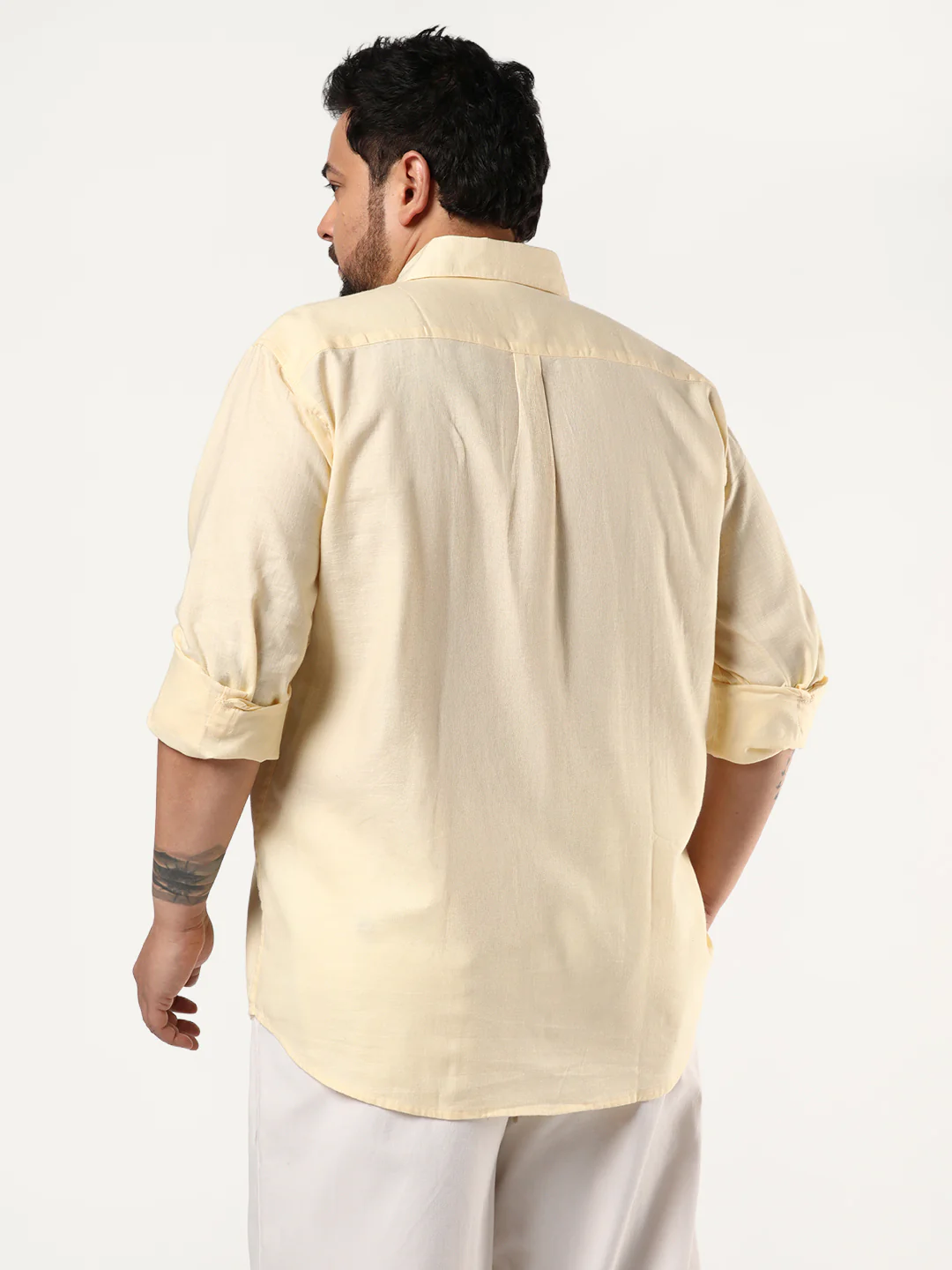 Plus Men's Tender Yellow Linen Blend Full Sleeve Relaxed Fit Casual Solid Shirt - Image 4