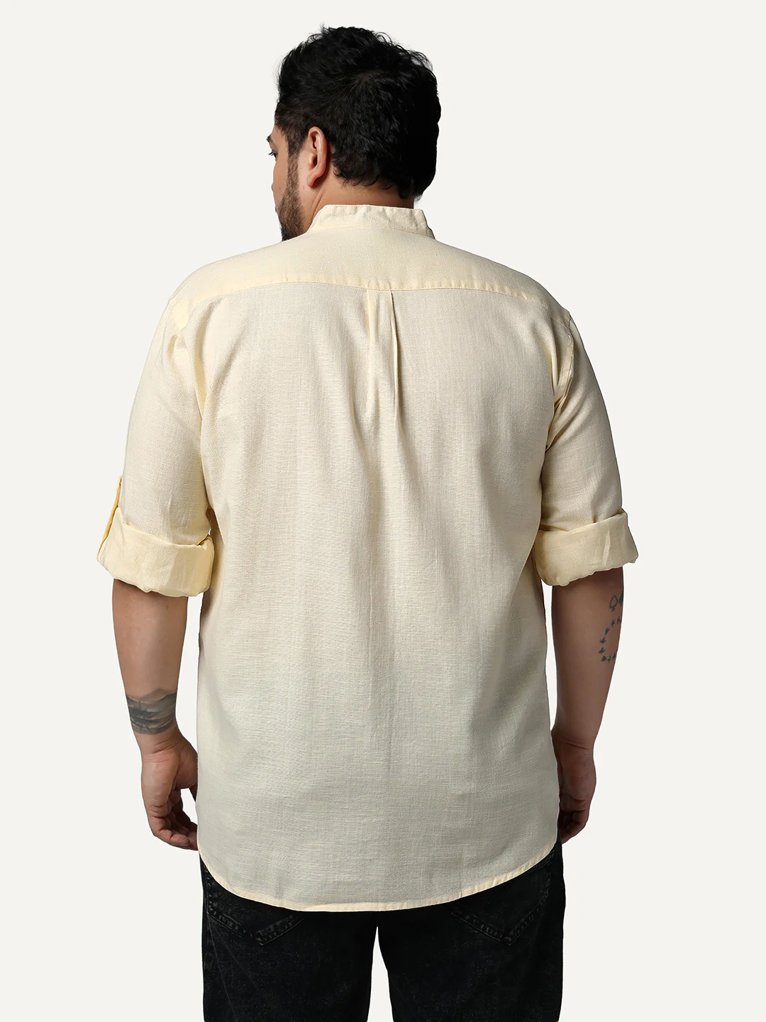 Plus Men's Tender Yellow Linen Blend Full Sleeve Relaxed Fit Mandarin Collar Casual Solid Shirt - Image 3
