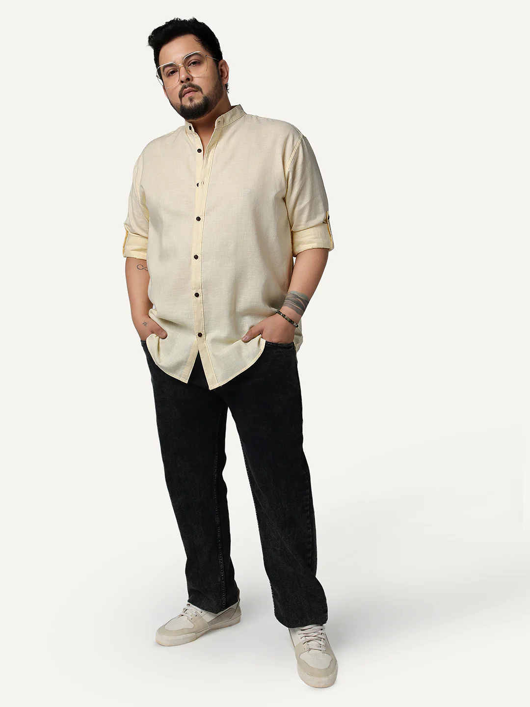 Plus Men's Tender Yellow Linen Blend Full Sleeve Relaxed Fit Mandarin Collar Casual Solid Shirt - Image 4