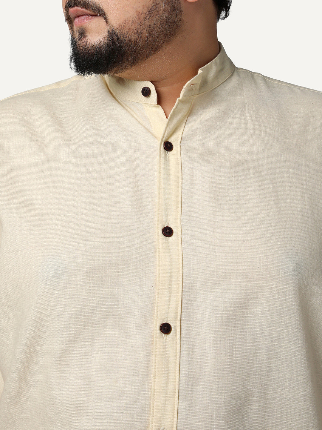 Plus Men's Tender Yellow Linen Blend Full Sleeve Relaxed Fit Mandarin Collar Casual Solid Shirt - Image 5