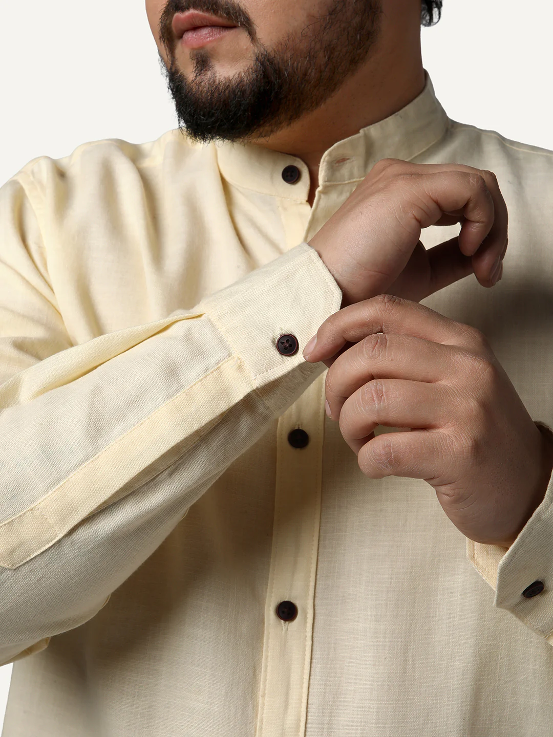Plus Men's Tender Yellow Linen Blend Full Sleeve Relaxed Fit Mandarin Collar Casual Solid Shirt - Image 6