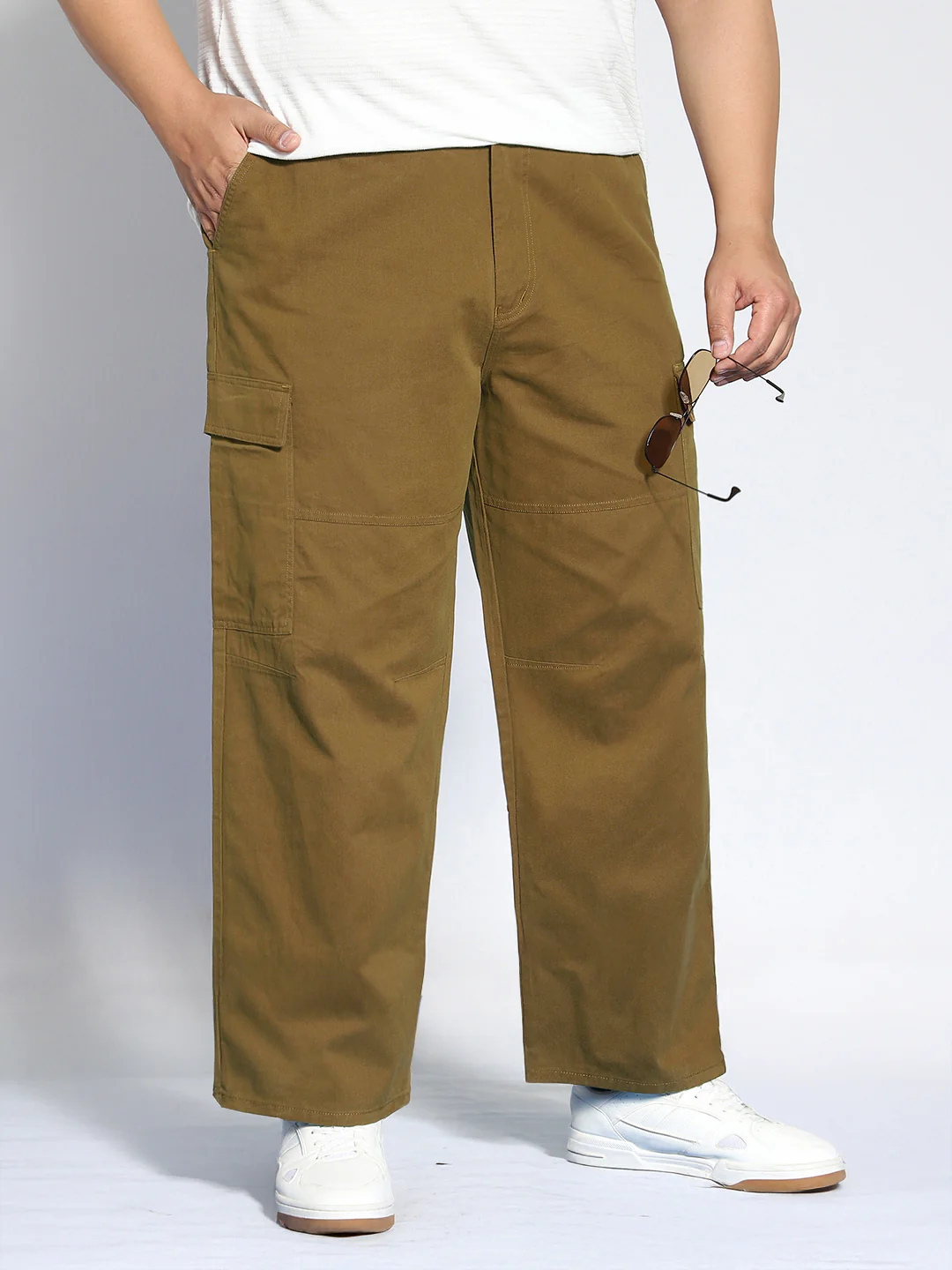 Plus Men's Tobacco Loose Baggy Fit Solid Cargo Chino Pant with 6 Pockets Non-Stretchable - Image 2