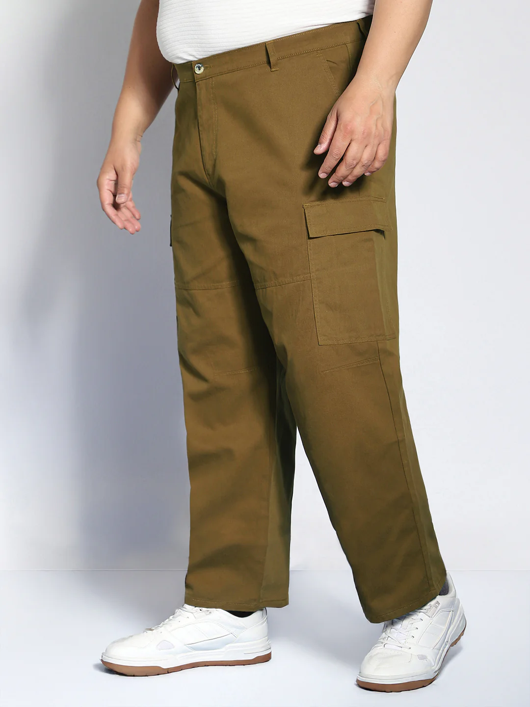 Plus Men's Tobacco Loose Baggy Fit Solid Cargo Chino Pant with 6 Pockets Non-Stretchable - Image 3