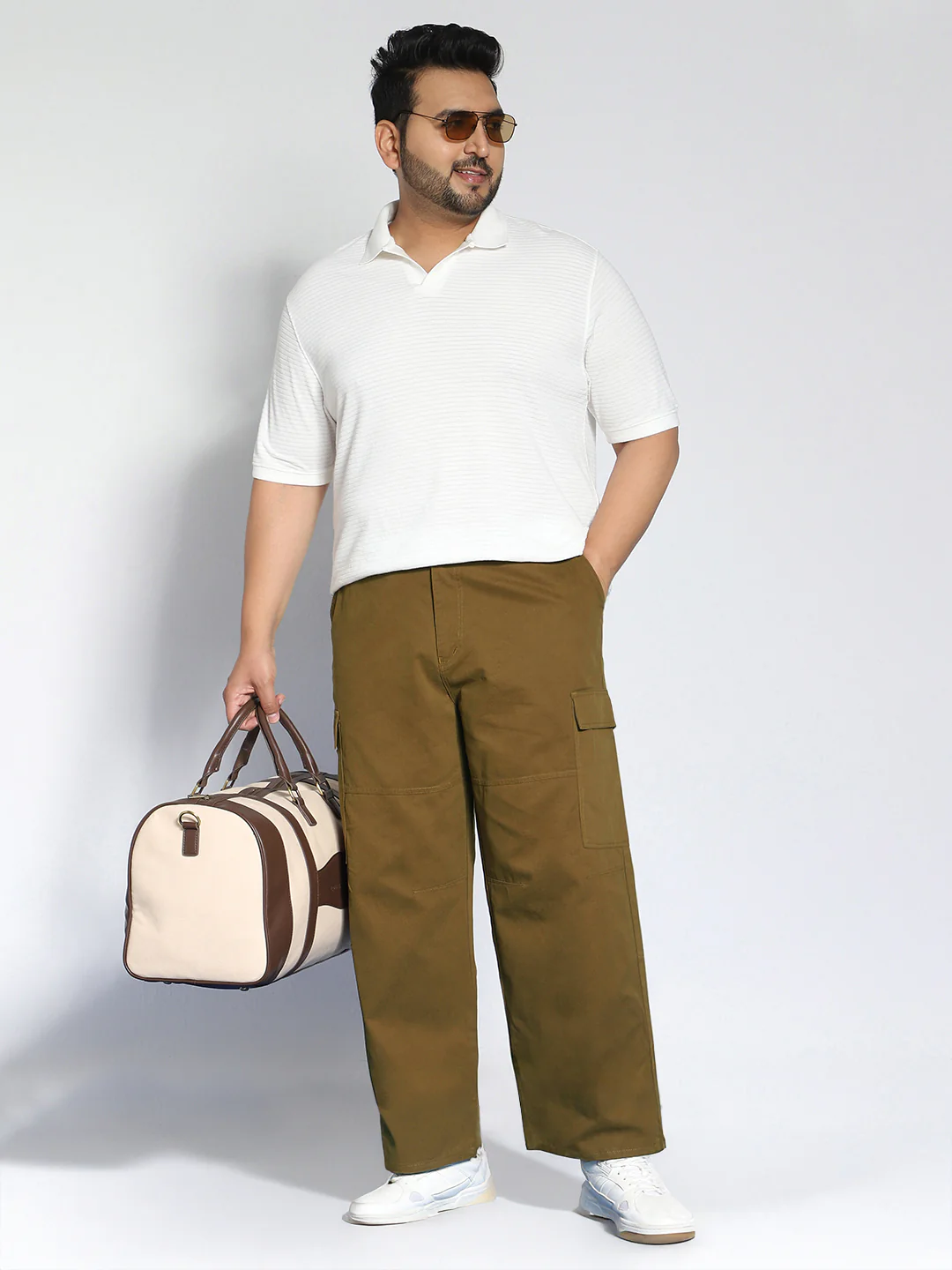 Plus Men's Tobacco Loose Baggy Fit Solid Cargo Chino Pant with 6 Pockets Non-Stretchable - Image 5