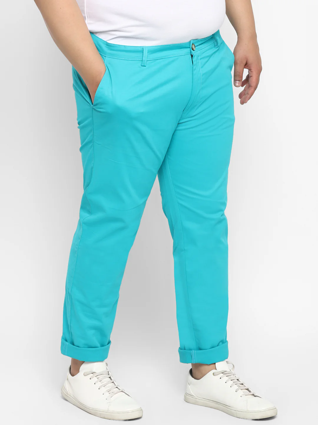 Plus Men's Turquoise Blue Cotton Regular Fit Casual Chinos Trousers Stretch - Image 3