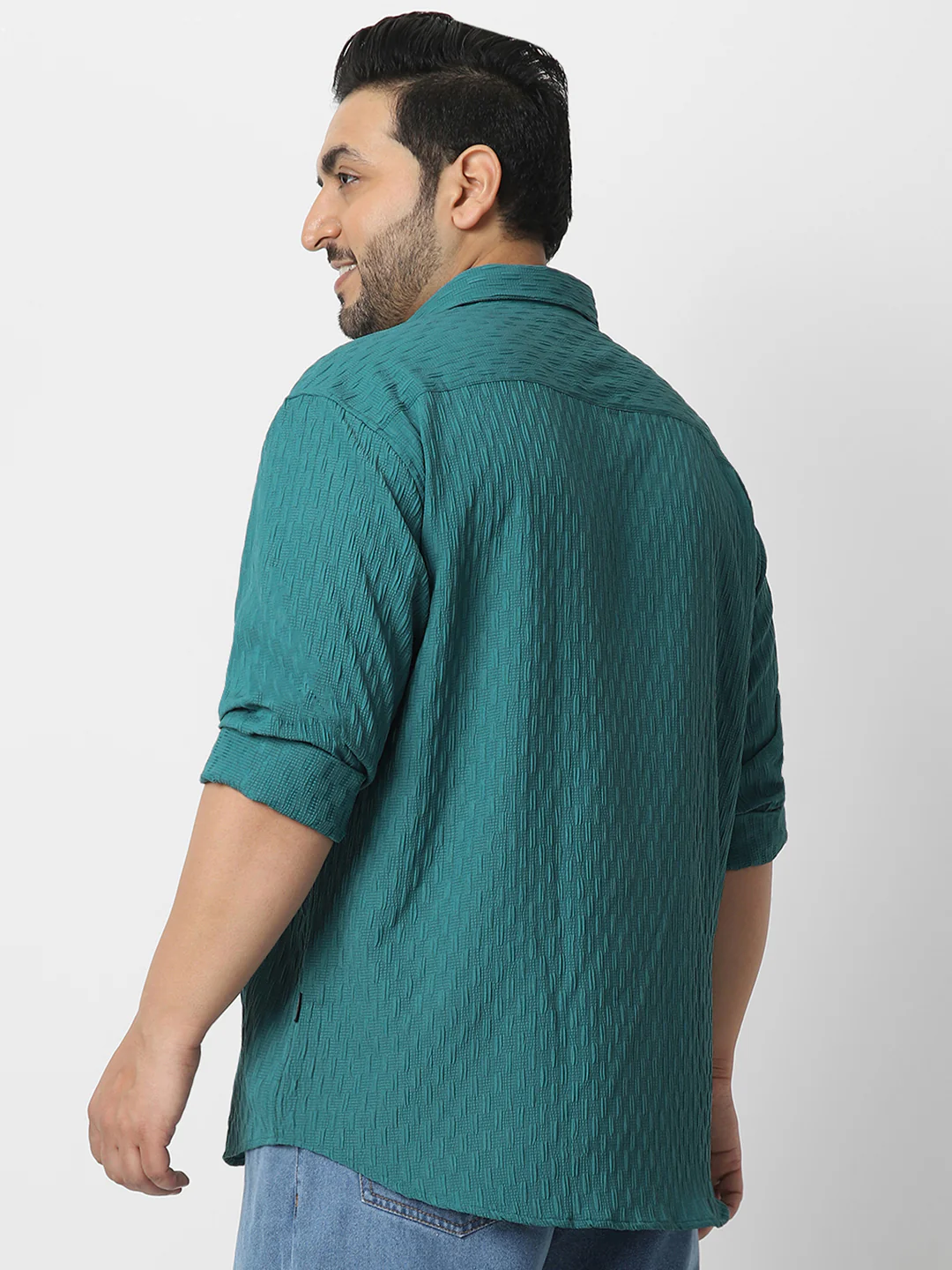 Plus Men's Turquoise Cotton Full Sleeve Regular Fit Textured Shirt with Spread Collar - Image 3