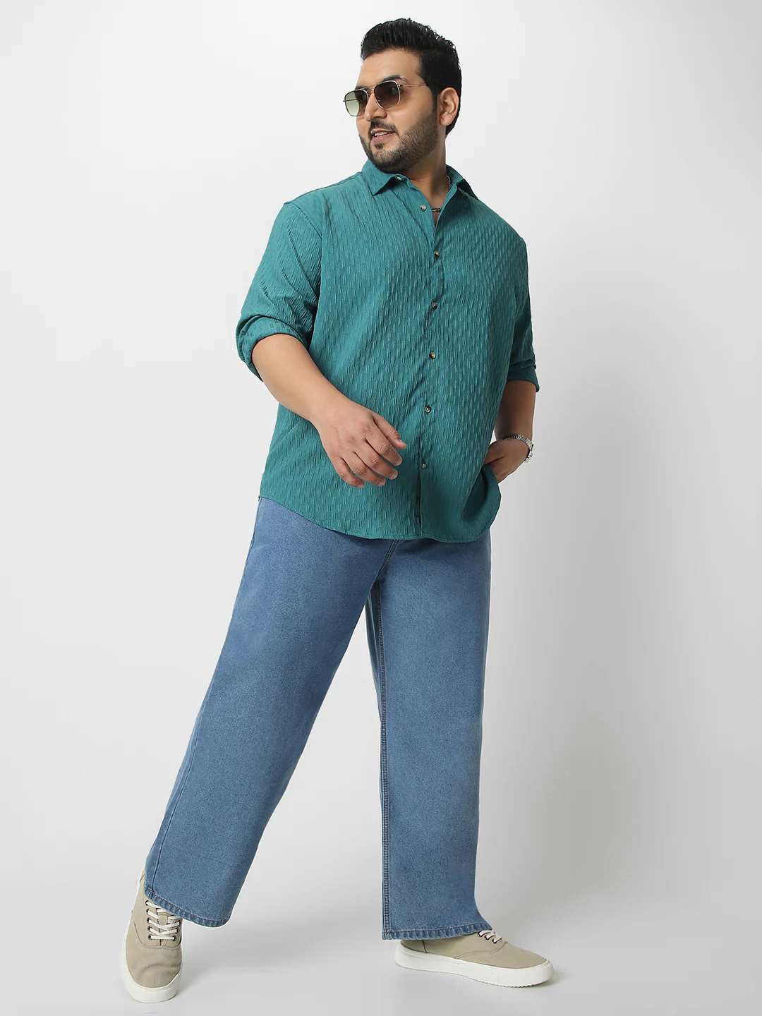Plus Men's Turquoise Cotton Full Sleeve Regular Fit Textured Shirt with Spread Collar - Image 4