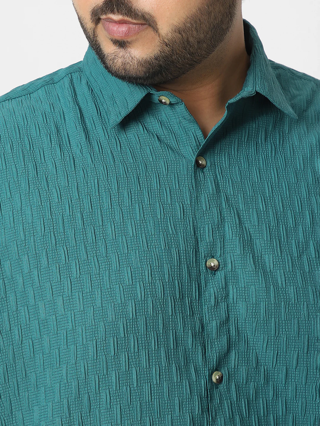 Plus Men's Turquoise Cotton Full Sleeve Regular Fit Textured Shirt with Spread Collar - Image 5