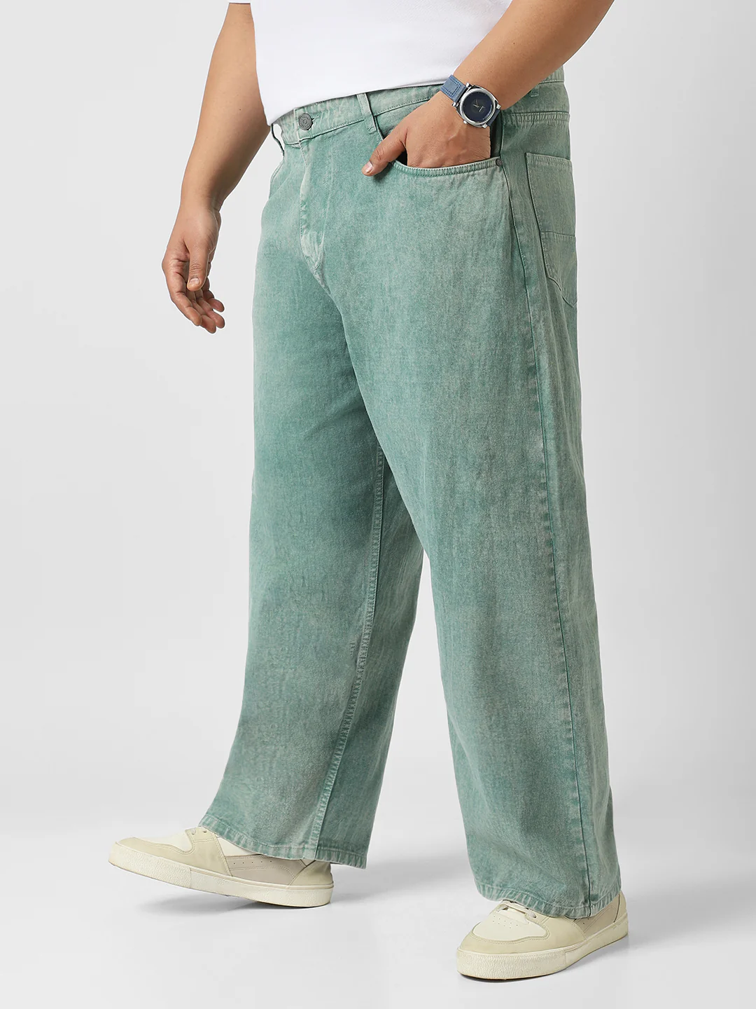 Plus Men's Turquoise Green Loose Baggy Fit Washed Jeans Non-Stretchable - Image 2