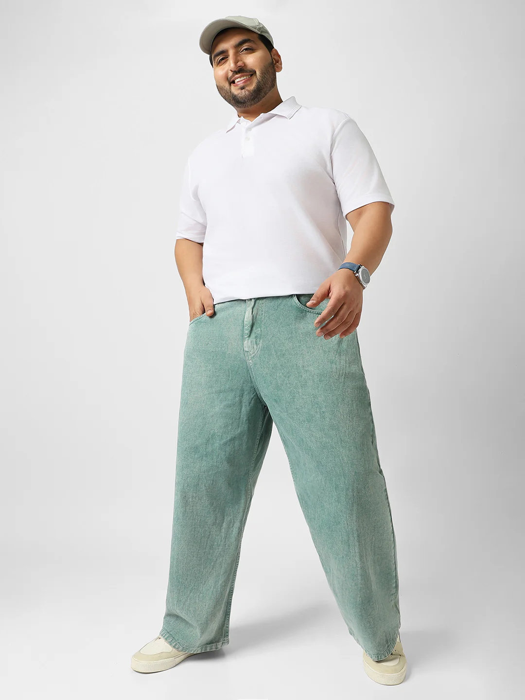 Plus Men's Turquoise Green Loose Baggy Fit Washed Jeans Non-Stretchable - Image 4