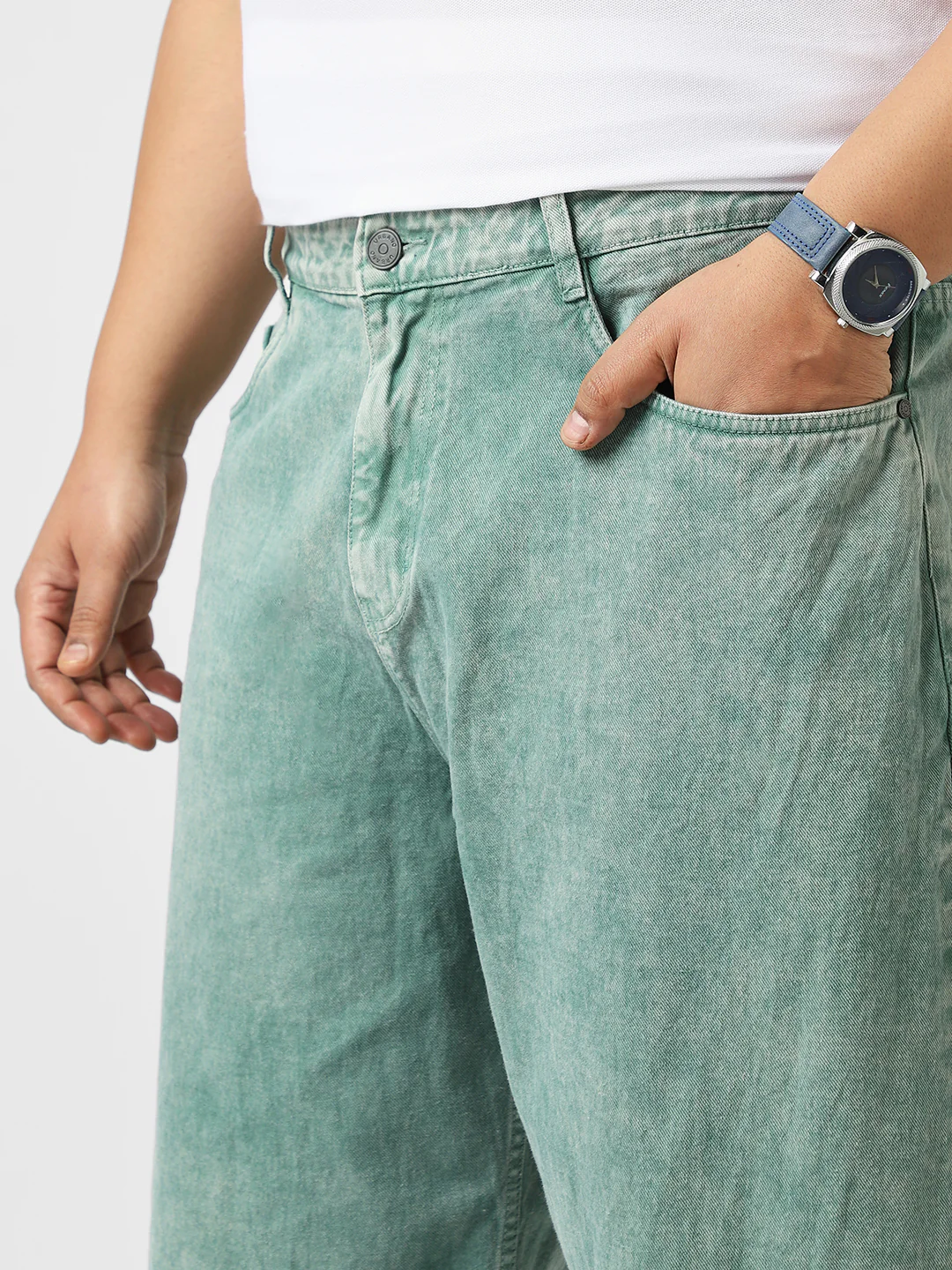Plus Men's Turquoise Green Loose Baggy Fit Washed Jeans Non-Stretchable - Image 5