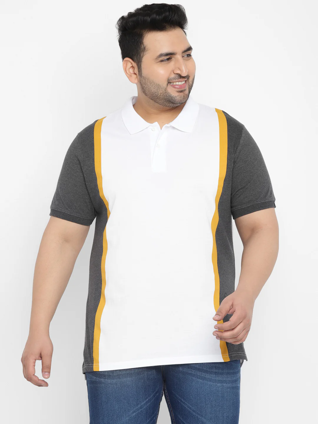 Plus Men's White, Anthra Melange, Gold Colour-Block Regular Fit Half Sleeve Cotton Polo T-Shirt