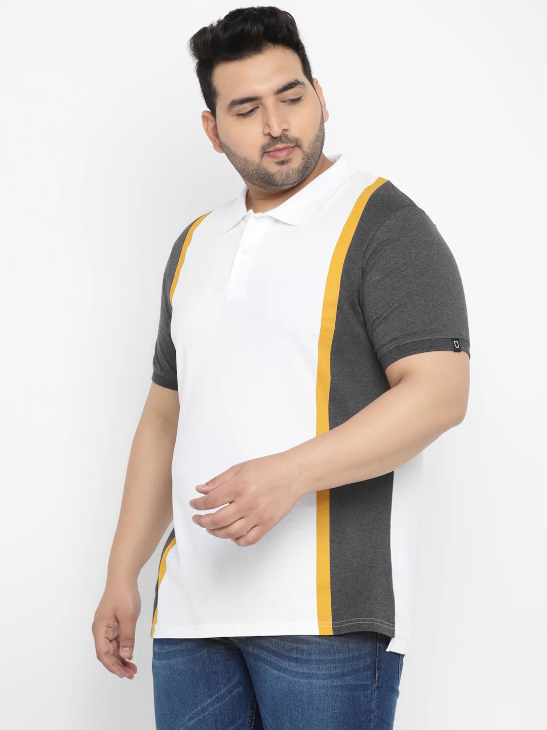 Plus Men's White, Anthra Melange, Gold Colour-Block Regular Fit Half Sleeve Cotton Polo T-Shirt - Image 2