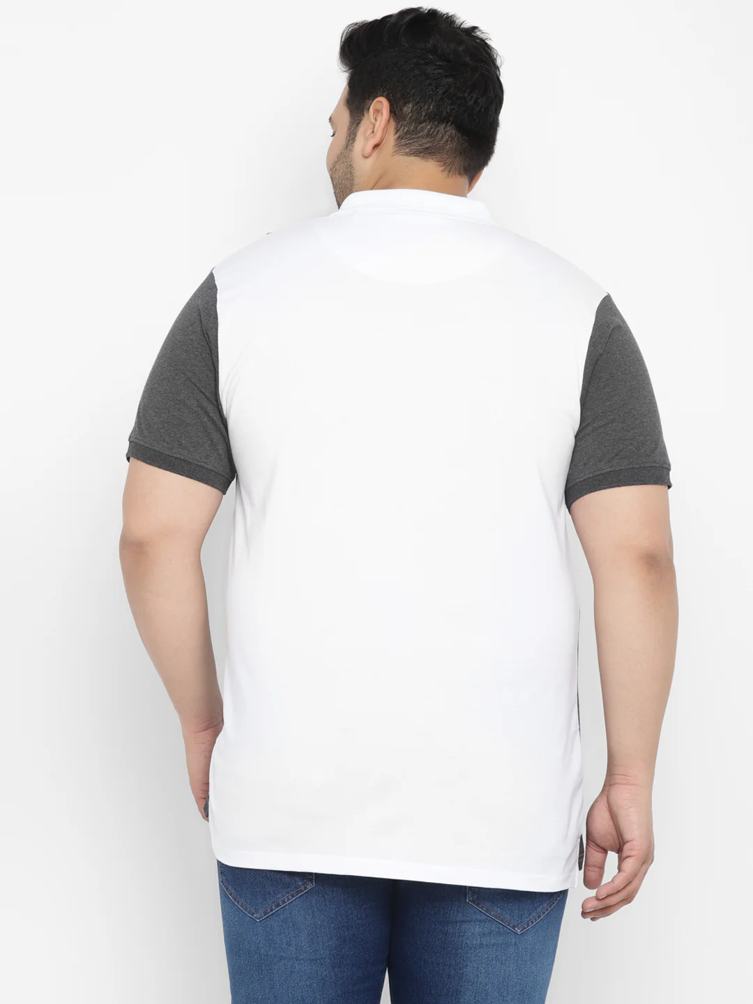 Plus Men's White, Anthra Melange, Gold Colour-Block Regular Fit Half Sleeve Cotton Polo T-Shirt - Image 3