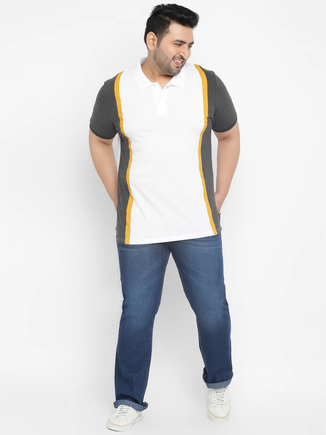 Plus Men's White, Anthra Melange, Gold Colour-Block Regular Fit Half Sleeve Cotton Polo T-Shirt - Image 4