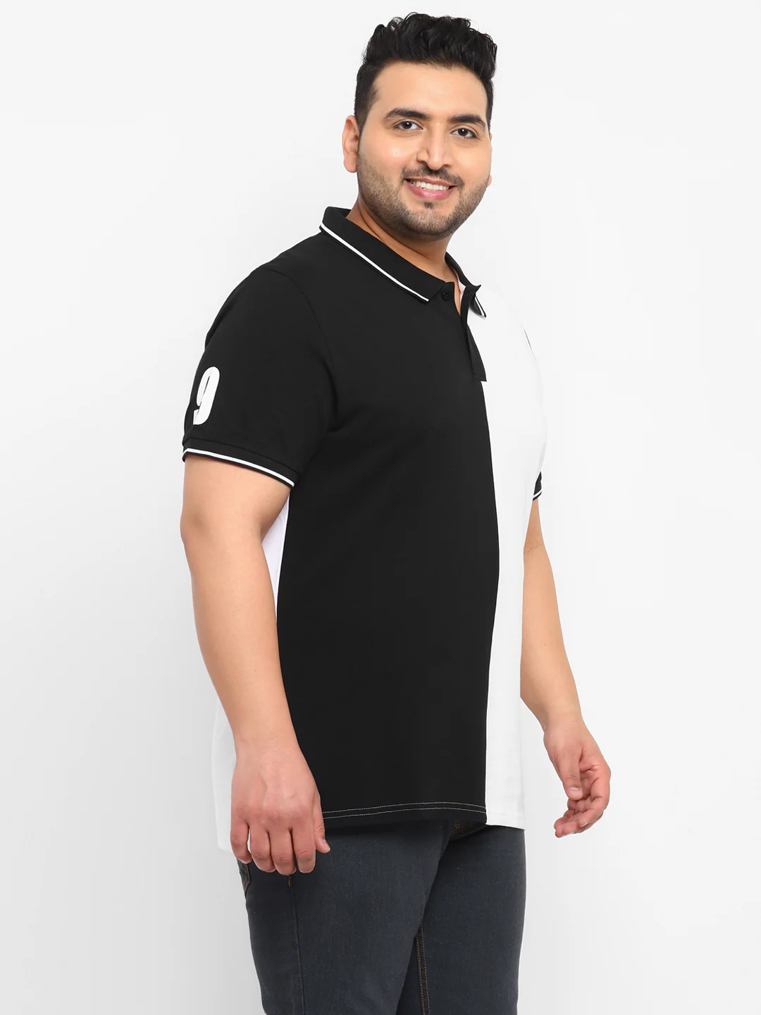 Plus Men's White, Black Colour-Block Regular Fit Half Sleeve Cotton Polo T-Shirt - Image 2