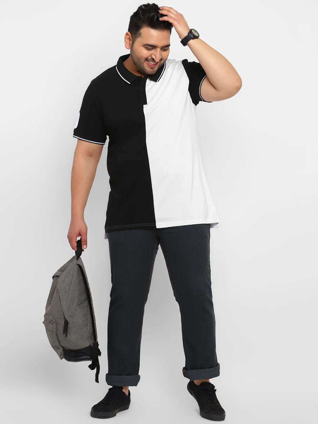 Plus Men's White, Black Colour-Block Regular Fit Half Sleeve Cotton Polo T-Shirt - Image 4