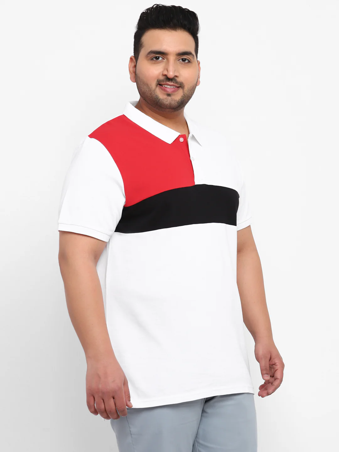 Plus Men's White, Black, Red Colour-Block Regular Fit Half Sleeve Cotton Polo T-Shirt - Image 2