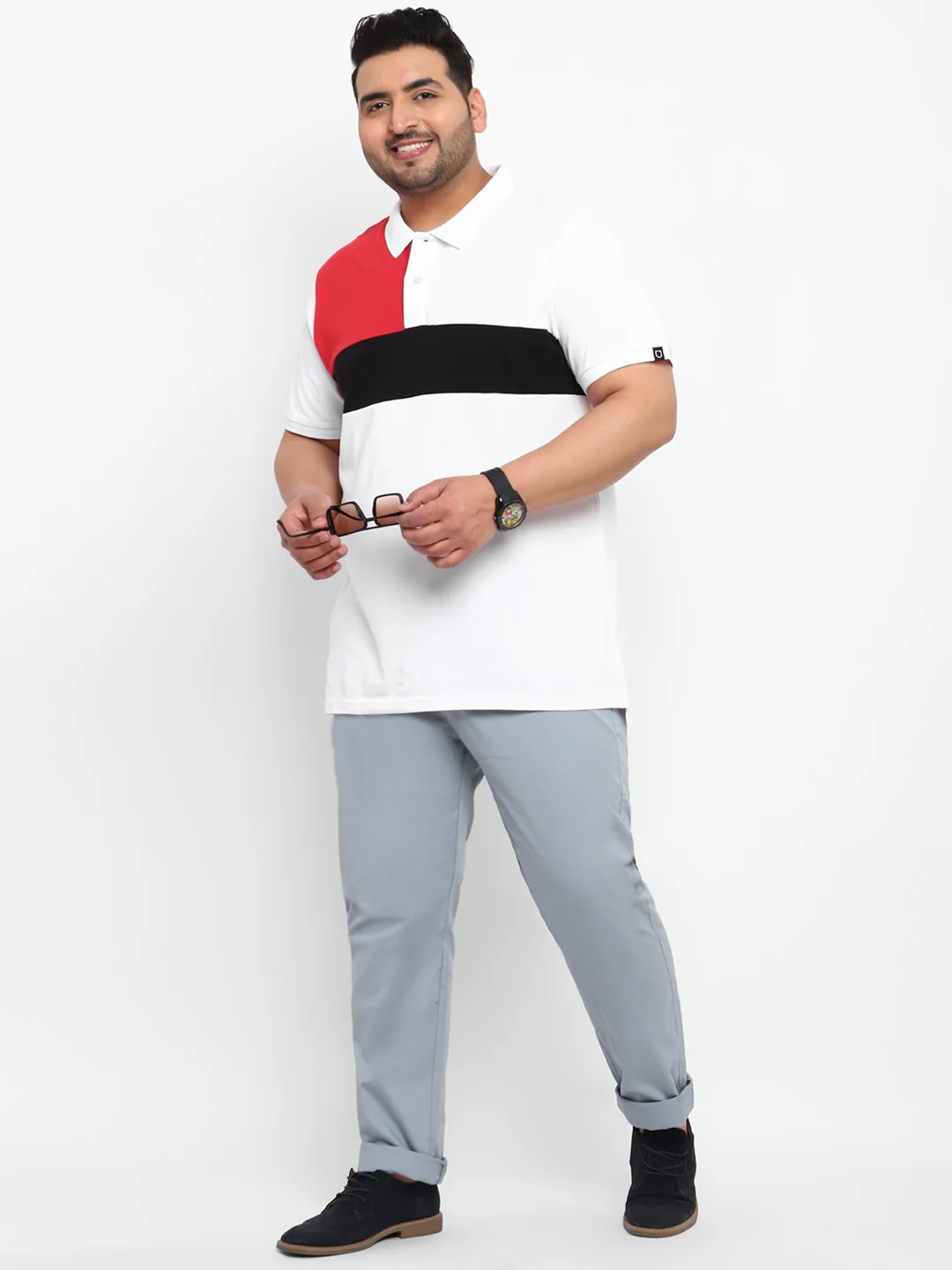 Plus Men's White, Black, Red Colour-Block Regular Fit Half Sleeve Cotton Polo T-Shirt - Image 4