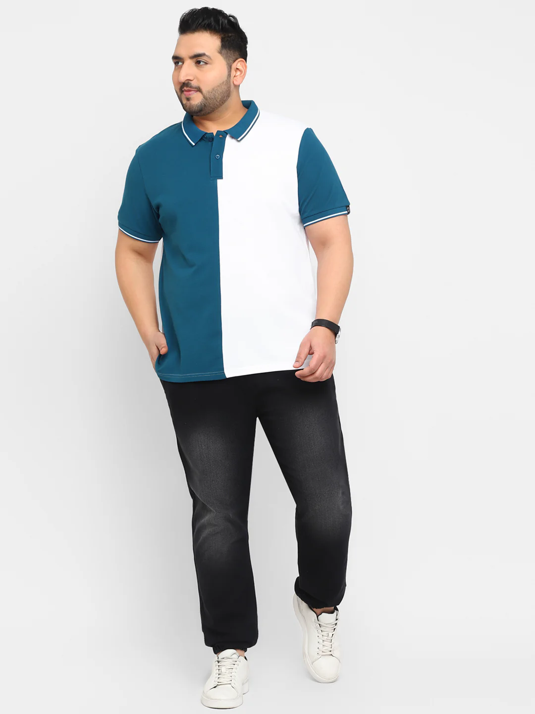Plus Men's White, Blue Colour-Block Regular Fit Half Sleeve Cotton Polo T-Shirt - Image 4