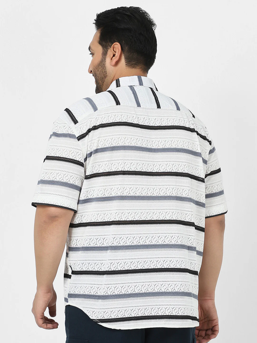 Men's White, Blue Cotton Half Sleeve Oversized Fit Textured Crochet Shirt with Cuban Collar - Image 3