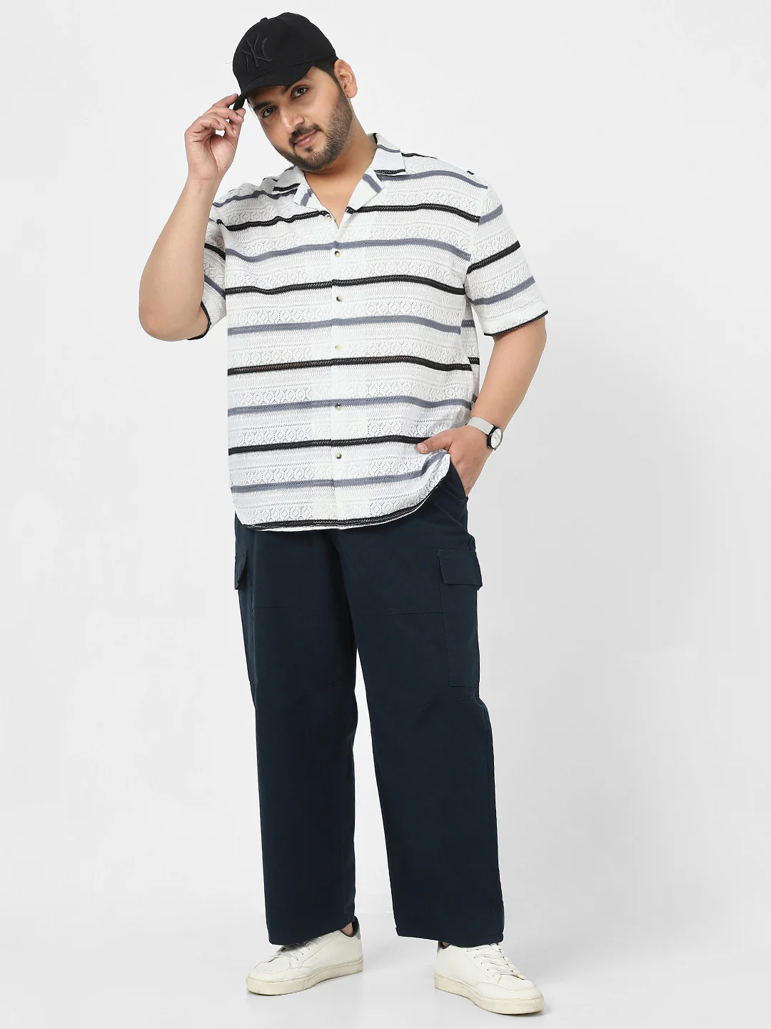 Men's White, Blue Cotton Half Sleeve Oversized Fit Textured Crochet Shirt with Cuban Collar - Image 4