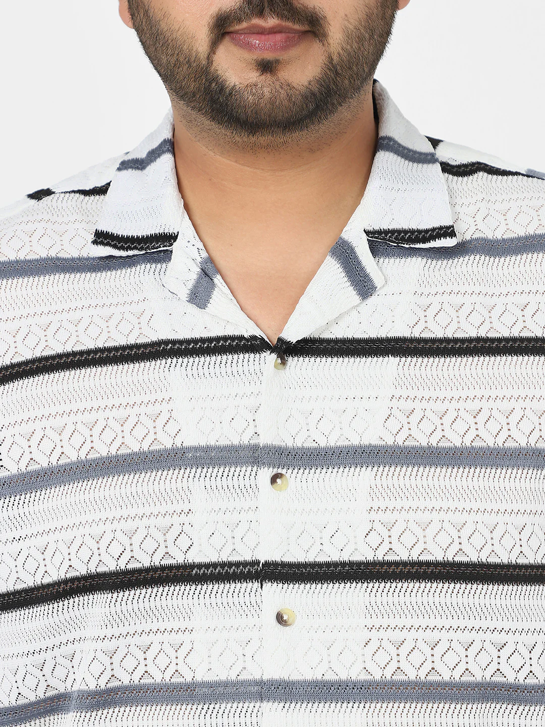Men's White, Blue Cotton Half Sleeve Oversized Fit Textured Crochet Shirt with Cuban Collar - Image 5