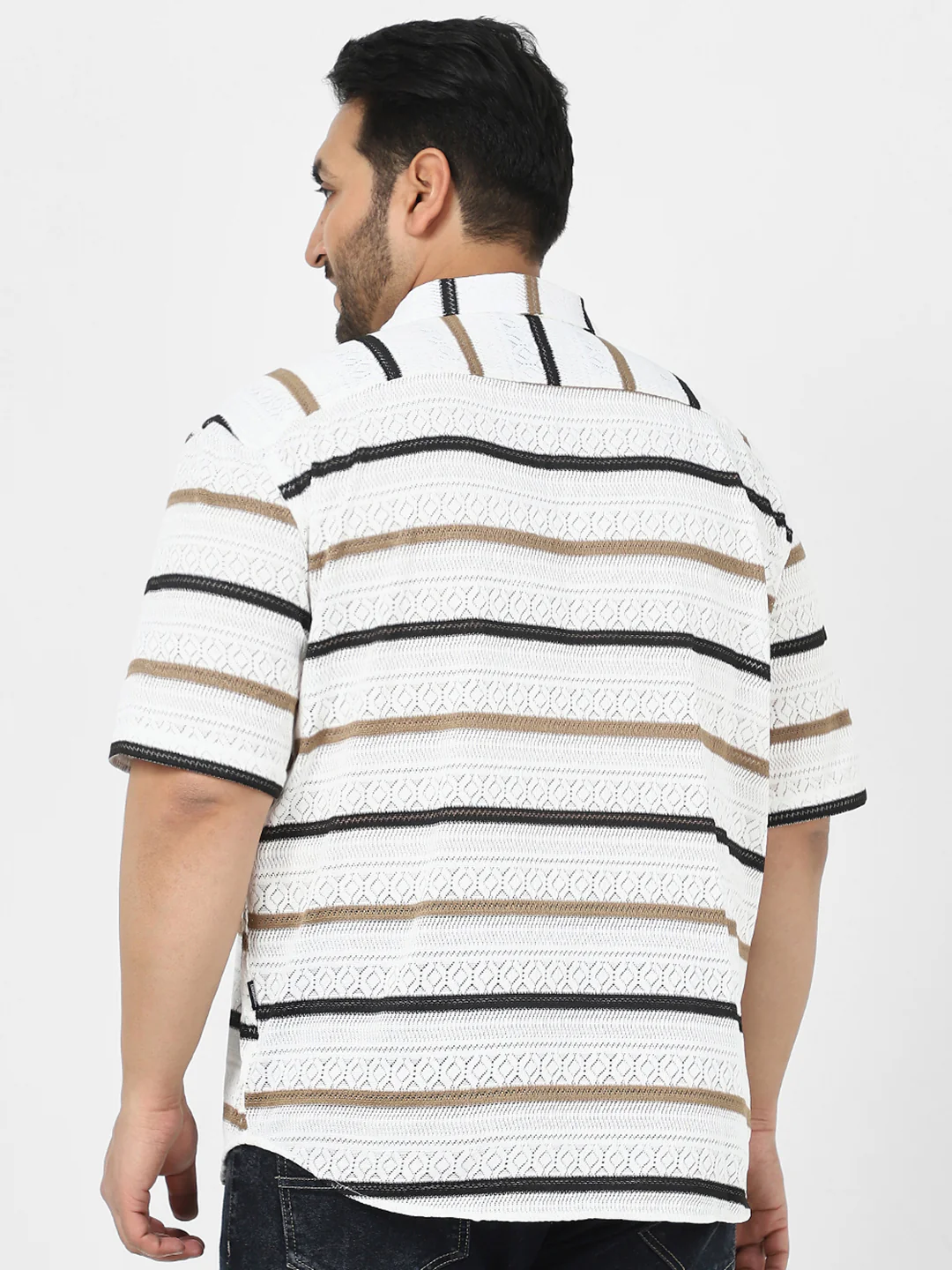 Men's White, Brown Cotton Half Sleeve Oversized Fit Textured Crochet Shirt with Cuban Collar - Image 3