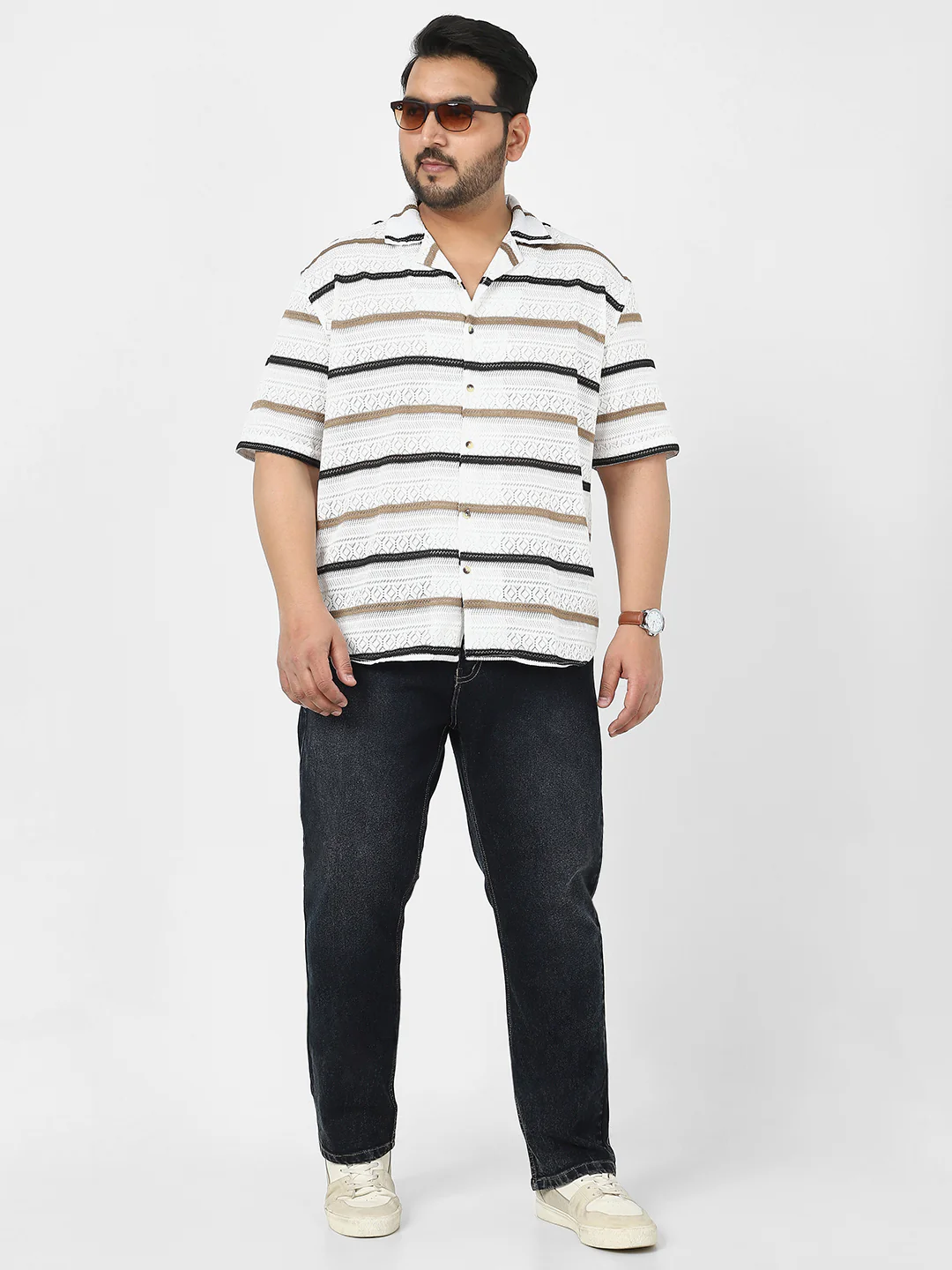 Men's White, Brown Cotton Half Sleeve Oversized Fit Textured Crochet Shirt with Cuban Collar - Image 4