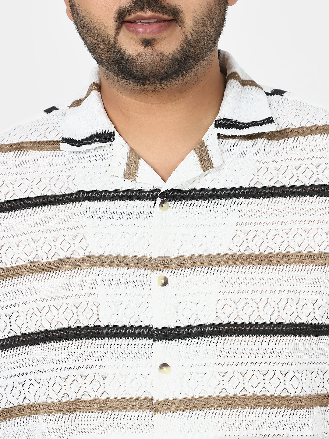 Men's White, Brown Cotton Half Sleeve Oversized Fit Textured Crochet Shirt with Cuban Collar - Image 5