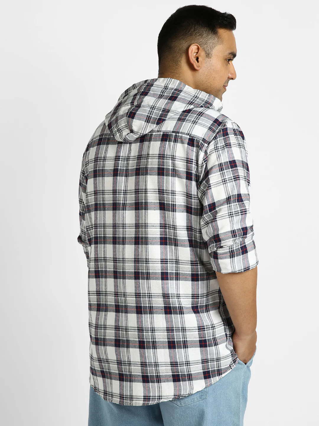Plus Men's White Cotton Full Sleeve Regular Fit Casual Checkered Shirt with Hooded Neck - Image 3