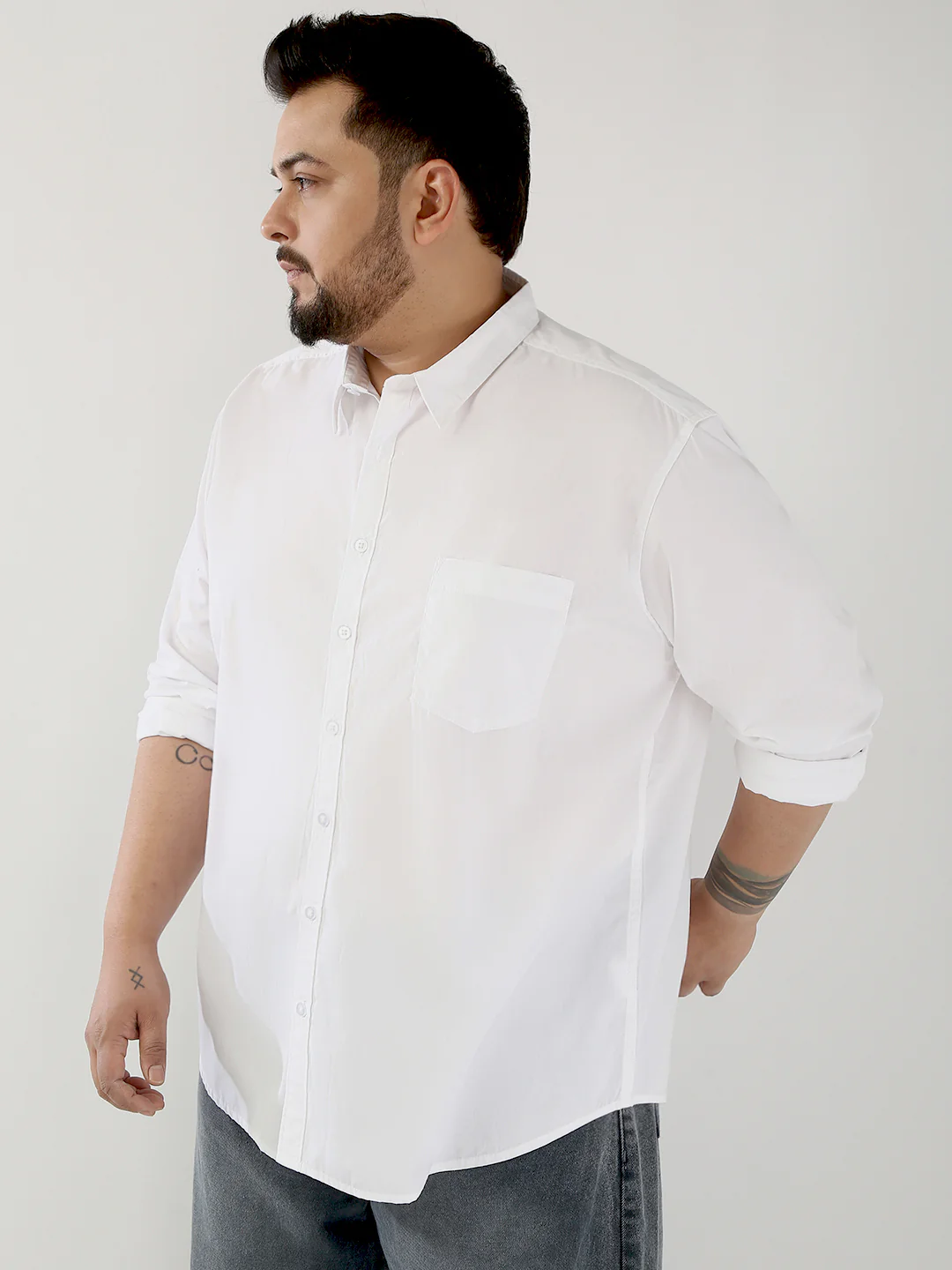 Plus Men's White Cotton Full Sleeve Regular Fit Casual Solid Shirt - Image 2