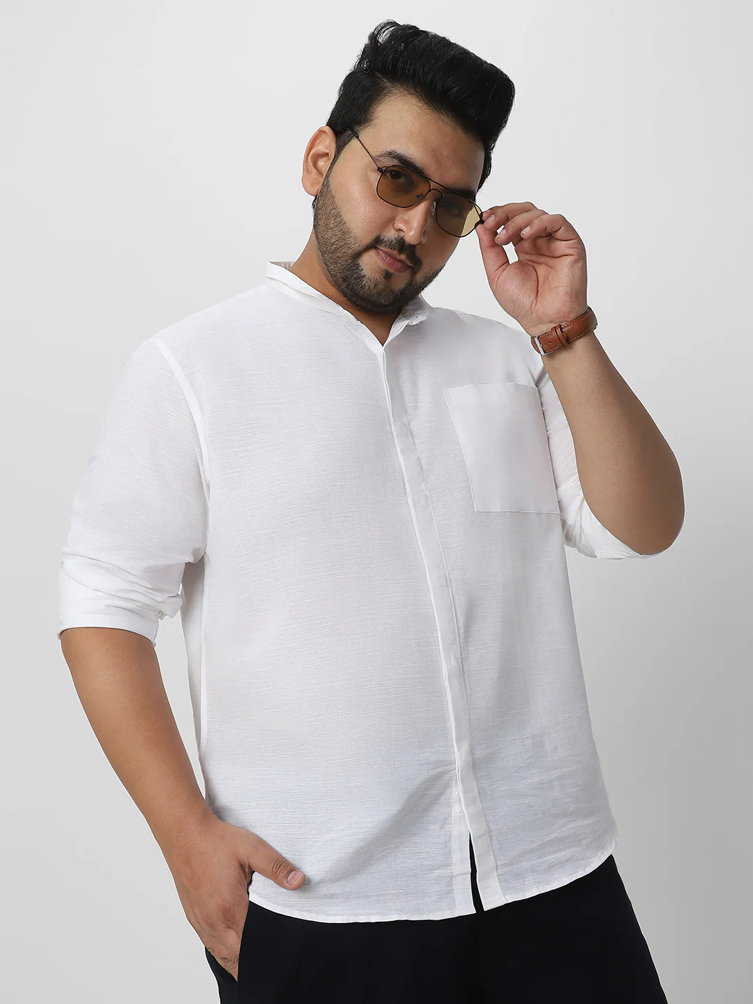 Men's White Cotton Full Sleeve Regular Fit Casual Solid Shirt with Band Collar - Image 2