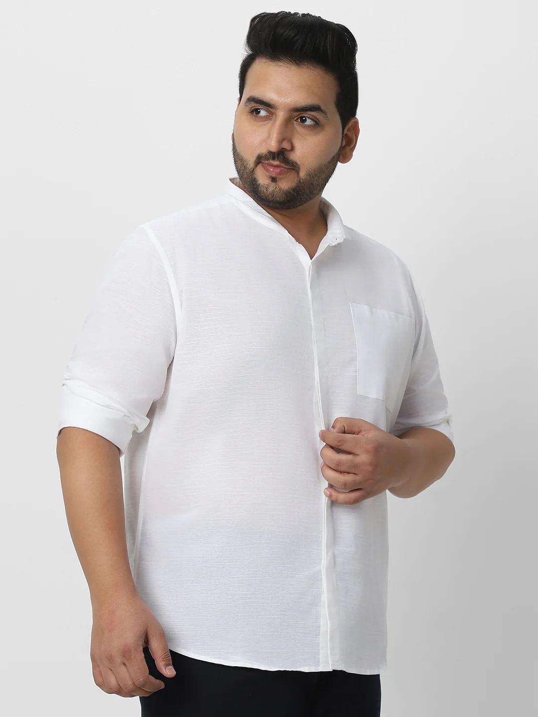 Men's White Cotton Full Sleeve Regular Fit Casual Solid Shirt with Band Collar - Image 3