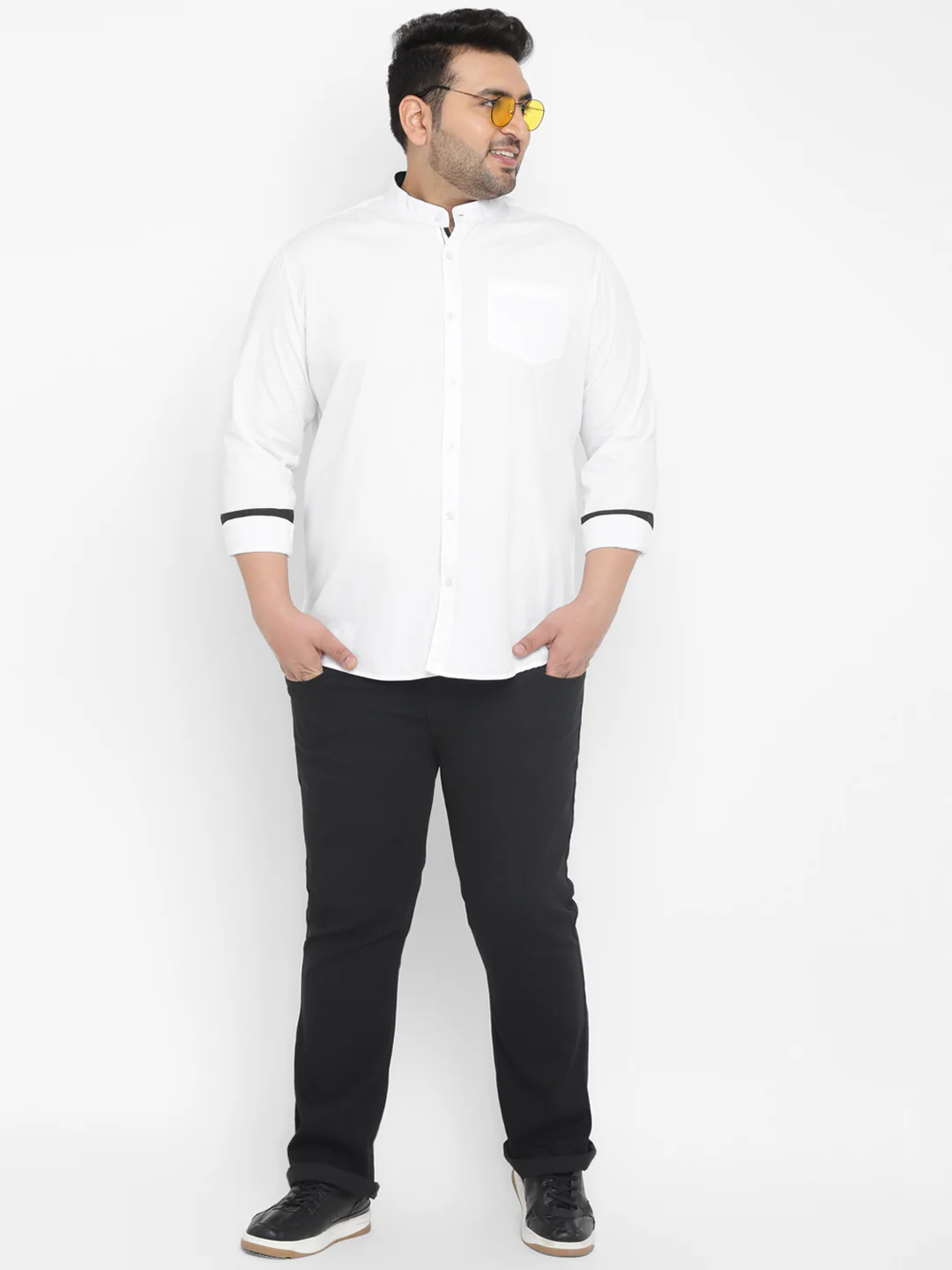 Plus Men's White Cotton Full Sleeve Regular Fit Casual Solid Shirt with Mandarin Collar - Image 4