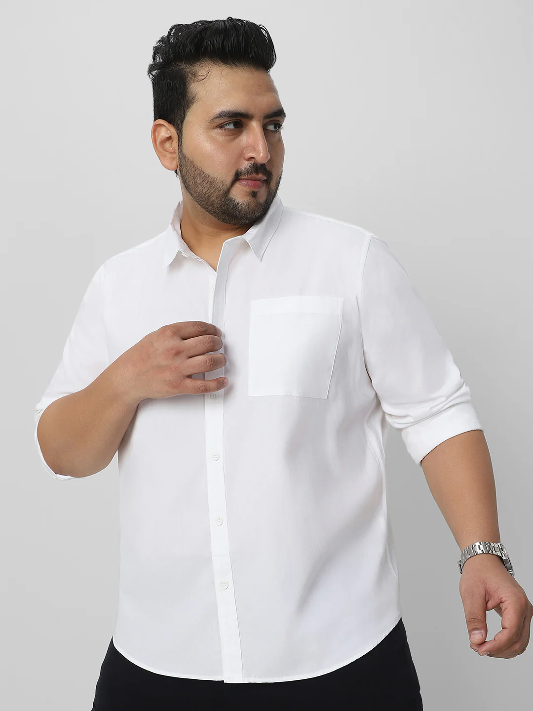 Plus Men's White Cotton Full Sleeve Regular Fit Casual Solid Shirt - Image 2