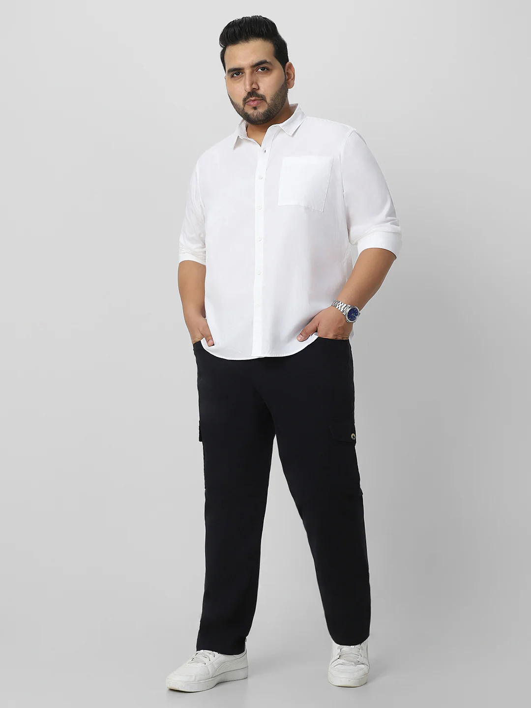 Plus Men's White Cotton Full Sleeve Regular Fit Casual Solid Shirt - Image 5