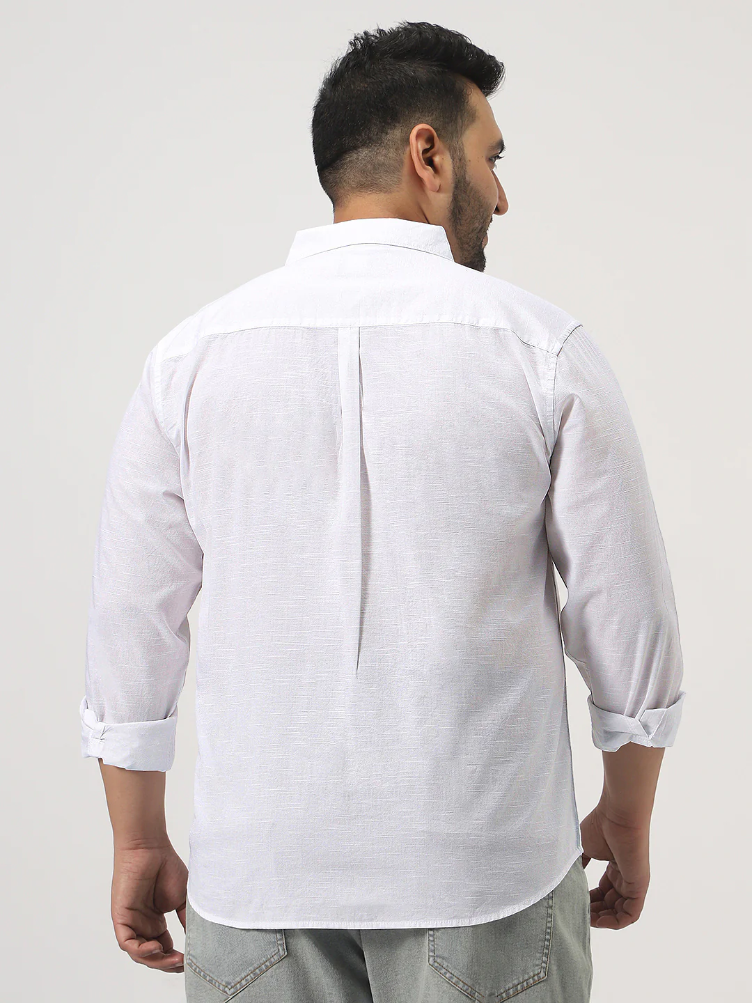 Plus Men's White Cotton Full Sleeve Regular Fit Casual Solid Slub Shirt with Spread Collar - Image 3