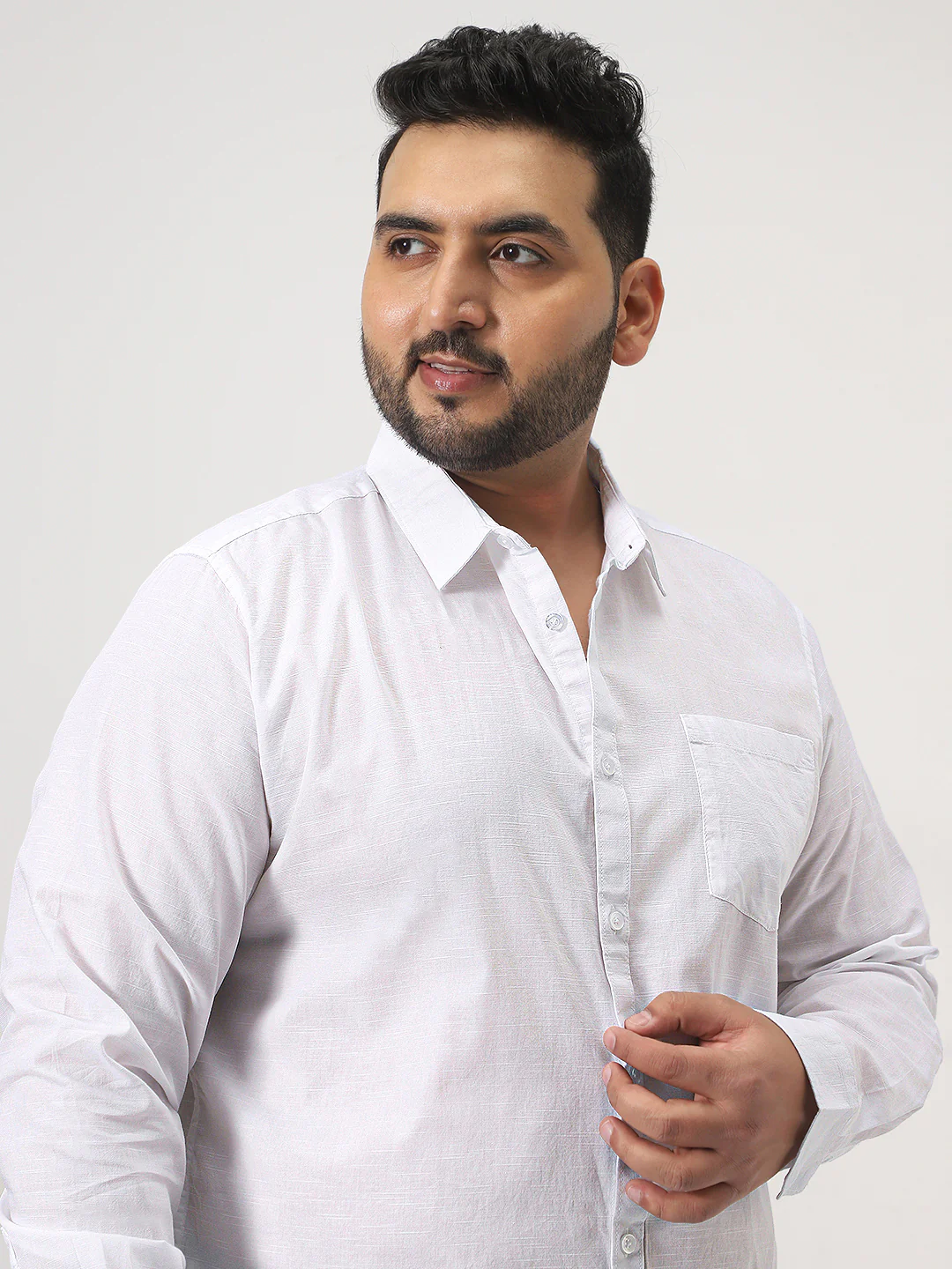 Plus Men's White Cotton Full Sleeve Regular Fit Casual Solid Slub Shirt with Spread Collar - Image 5