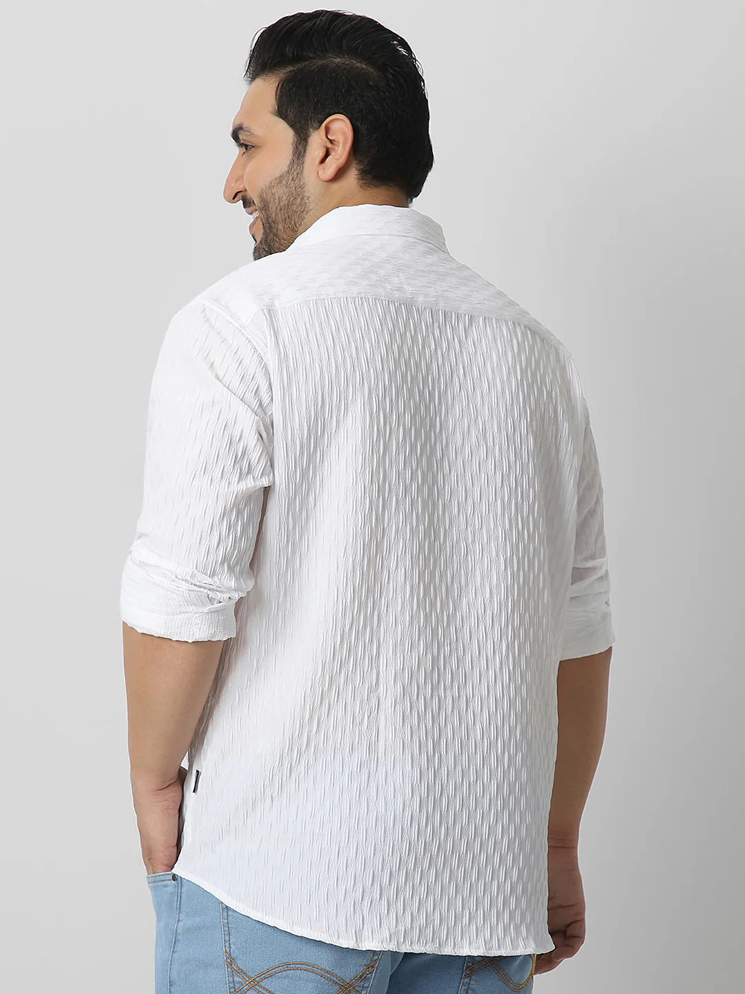 Plus Men's White Cotton Full Sleeve Regular Fit Textured Shirt with Spread Collar - Image 3