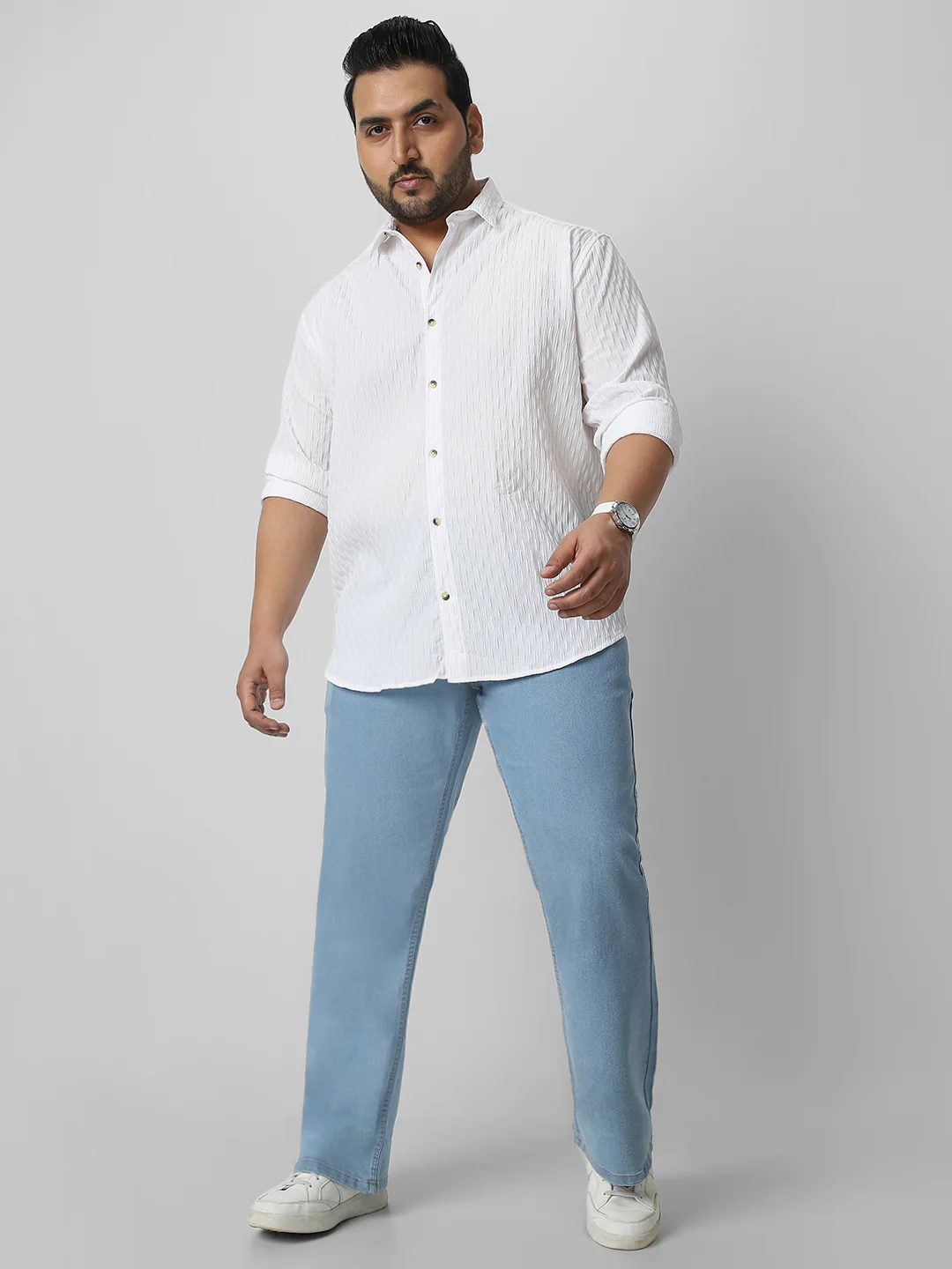 Plus Men's White Cotton Full Sleeve Regular Fit Textured Shirt with Spread Collar - Image 4