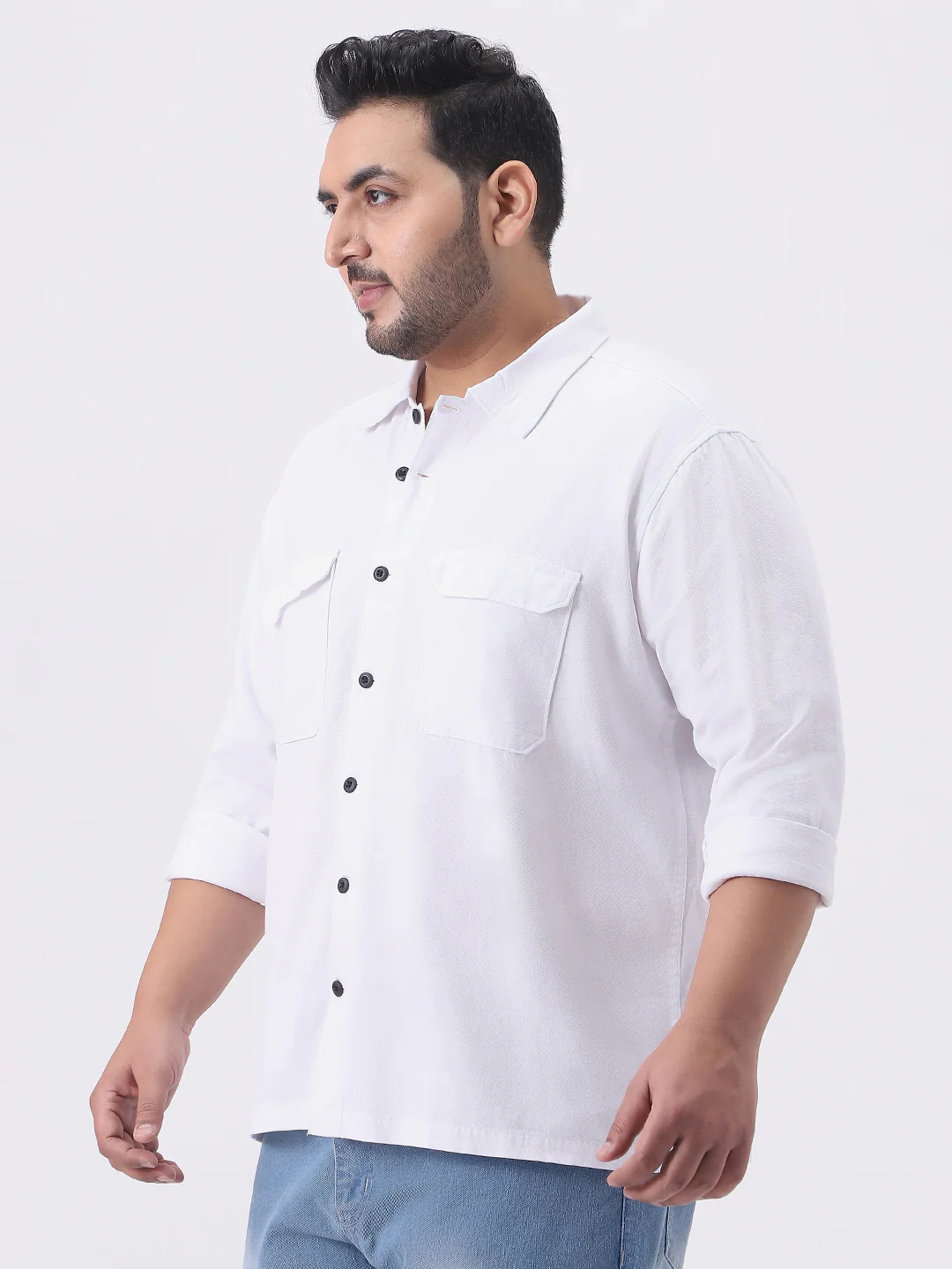 Plus Men's White Cotton Full Sleeve Relaxed Fit Shacket with Utility Pockets - Image 2