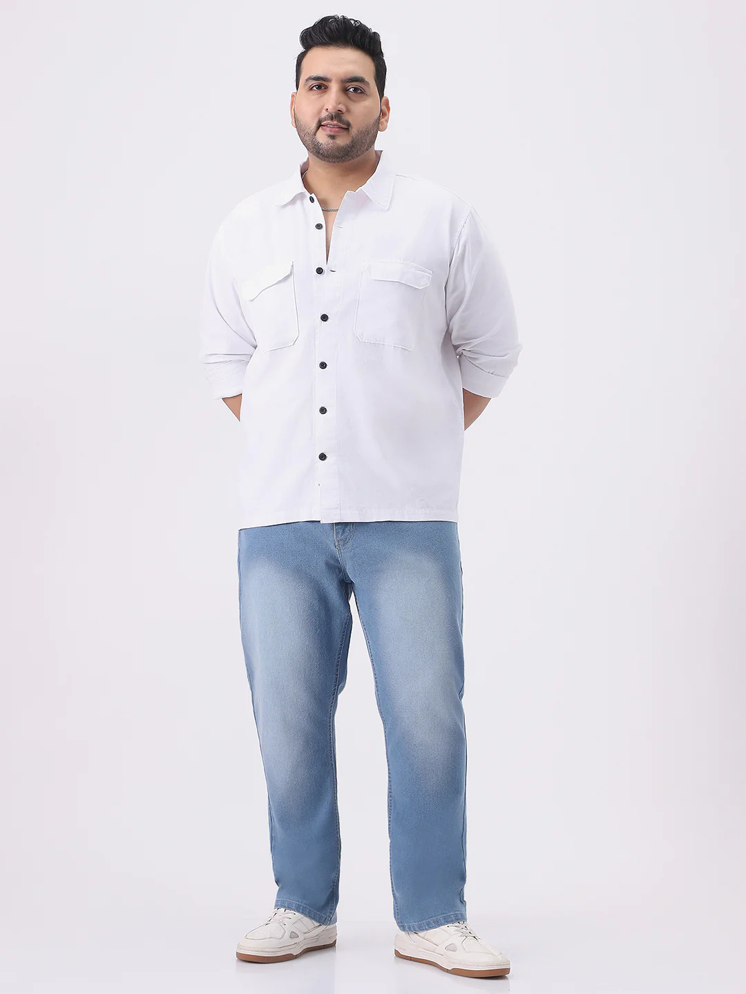 Plus Men's White Cotton Full Sleeve Relaxed Fit Shacket with Utility Pockets - Image 4