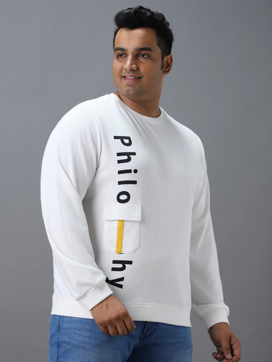 Plus Men's White Cotton Graphic Print Round Neck Sweatshirt - Image 2