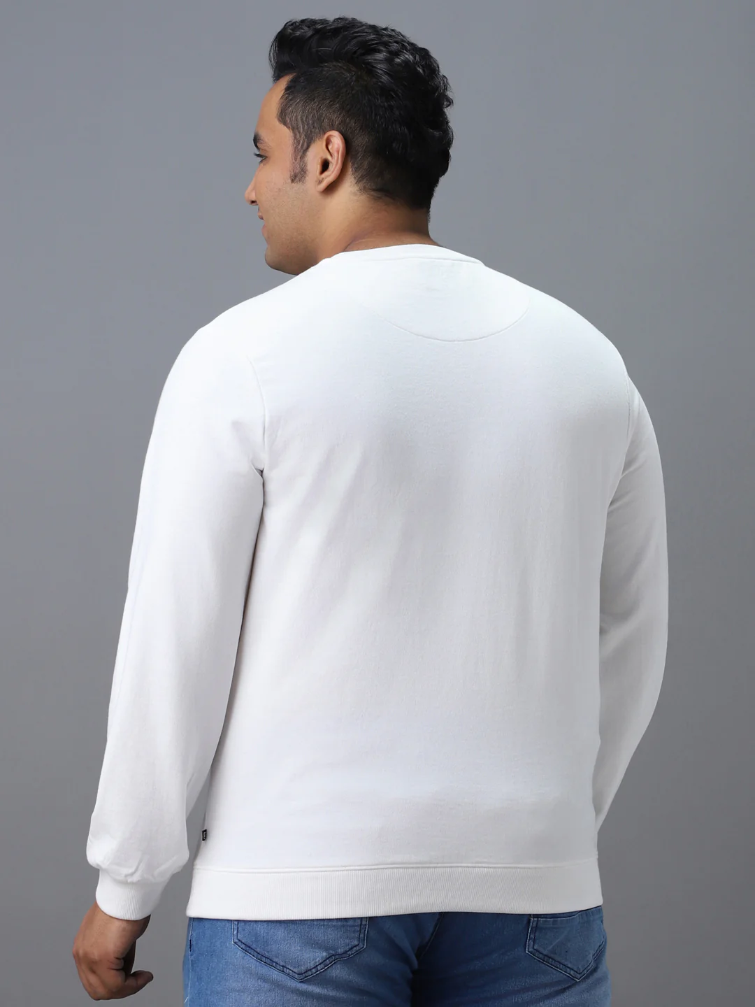 Plus Men's White Cotton Graphic Print Round Neck Sweatshirt - Image 3