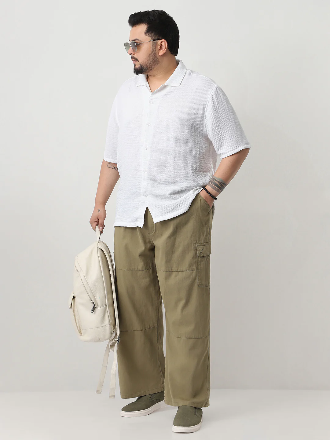 Plus Men's White Cotton Half Sleeve Oversized Fit Textured Shirt with Cuban Collar - Image 4