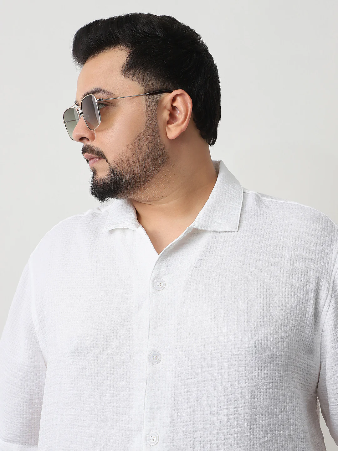 Plus Men's White Cotton Half Sleeve Oversized Fit Textured Shirt with Cuban Collar - Image 5