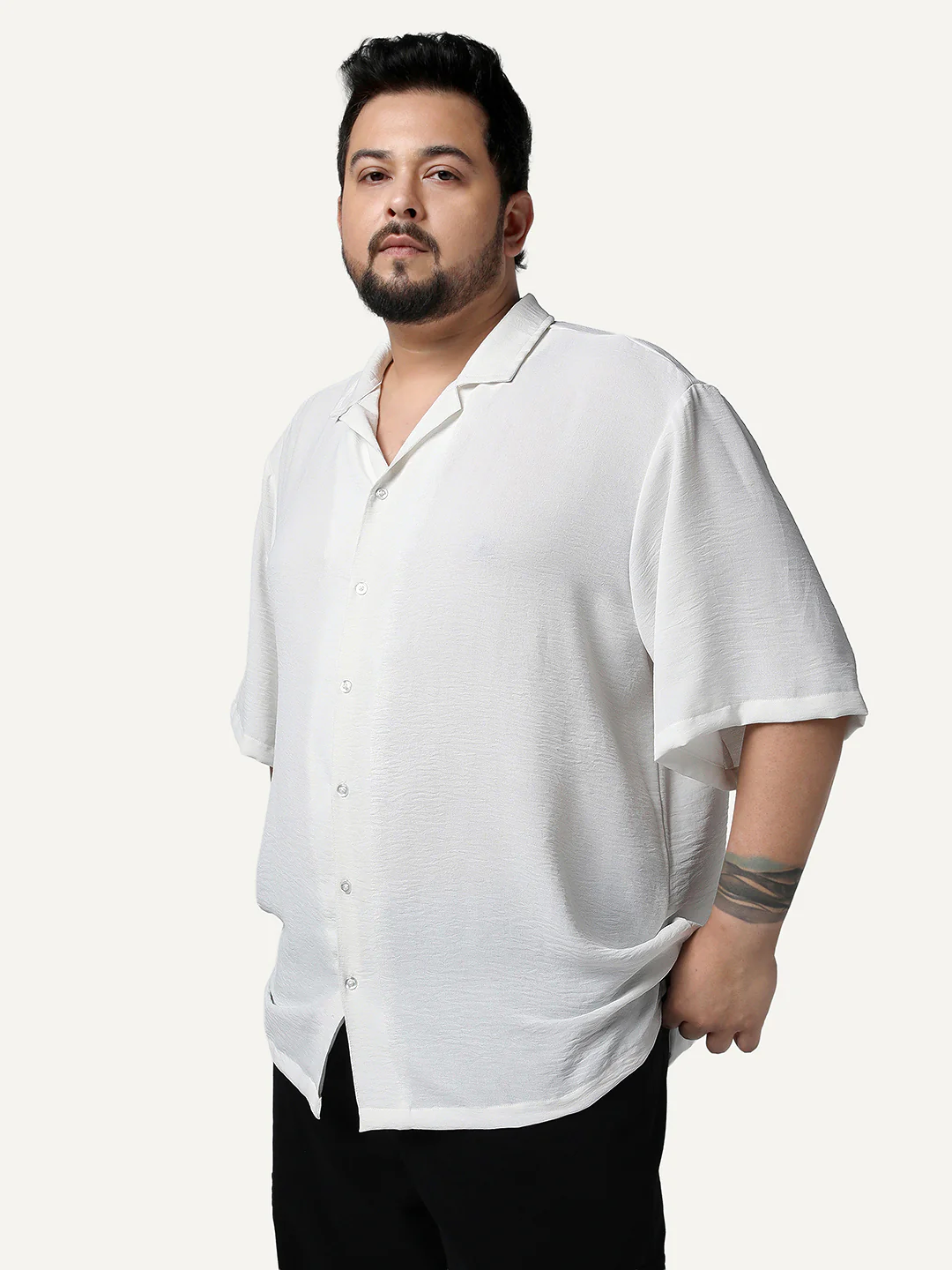Plus Men's White Cotton Half Sleeve Relaxed Fit Textured Shirt with Cuban Collar - Image 2